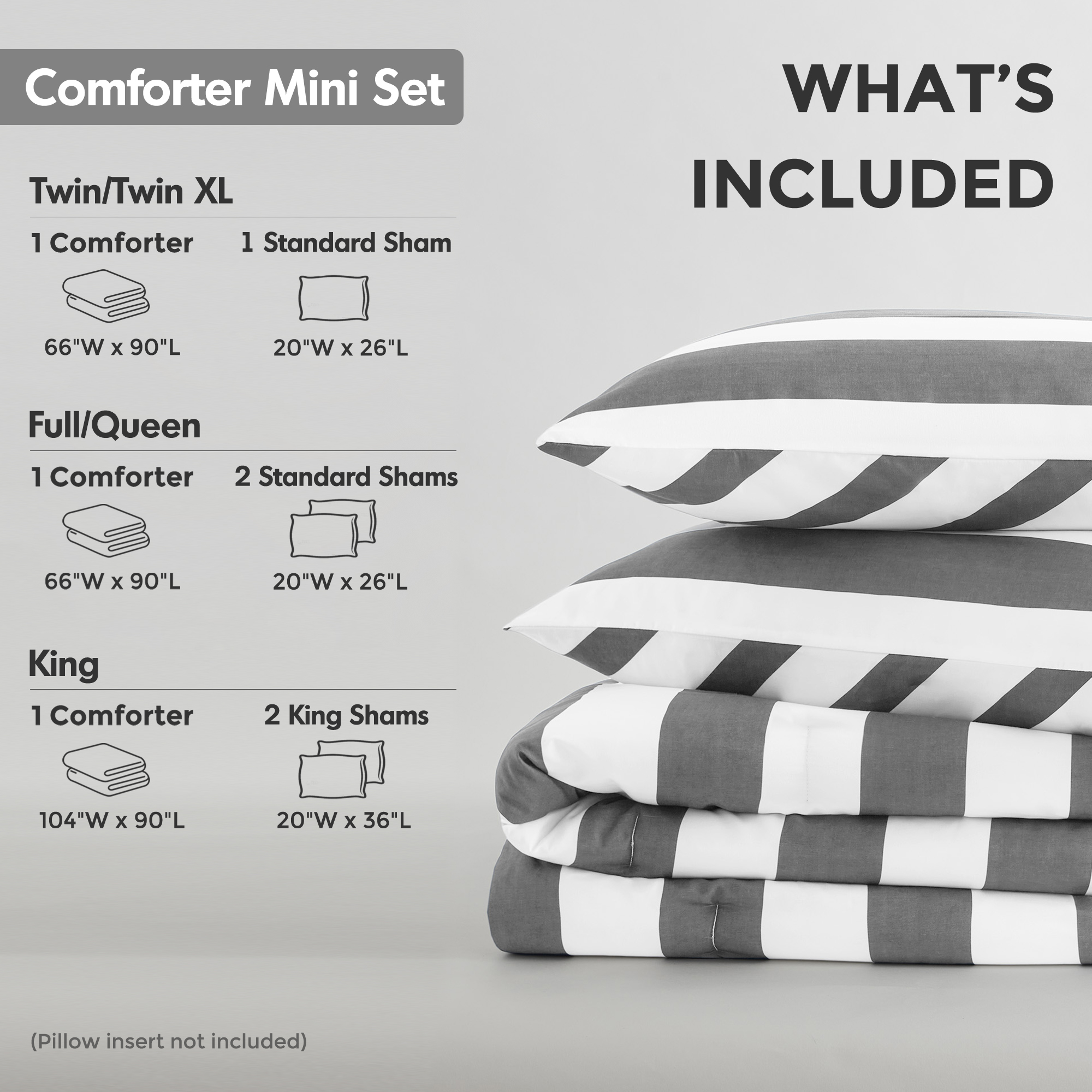 Regency Heights Essential King Size Comforter Sets, 3-Piece Bedding Set King, Reversible Striped Comforter Bed Set, Charcoal