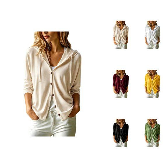 Lightweight Hooded Cardigan for Women Long Sleeve Drawstring Button Up Casual Hoodie Shirt Fall Tops Outerwear