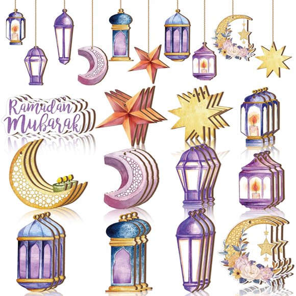 Wenqik 36 Pcs Eid Ramadan Ornaments for Tree Mubarak Kareem Wooden Hanging Ornaments Islam Ramadan Ornament Moon Lantern Star Shape Mubarak Eid Decorations for Home Small Tree Party Decor(Star Moon)