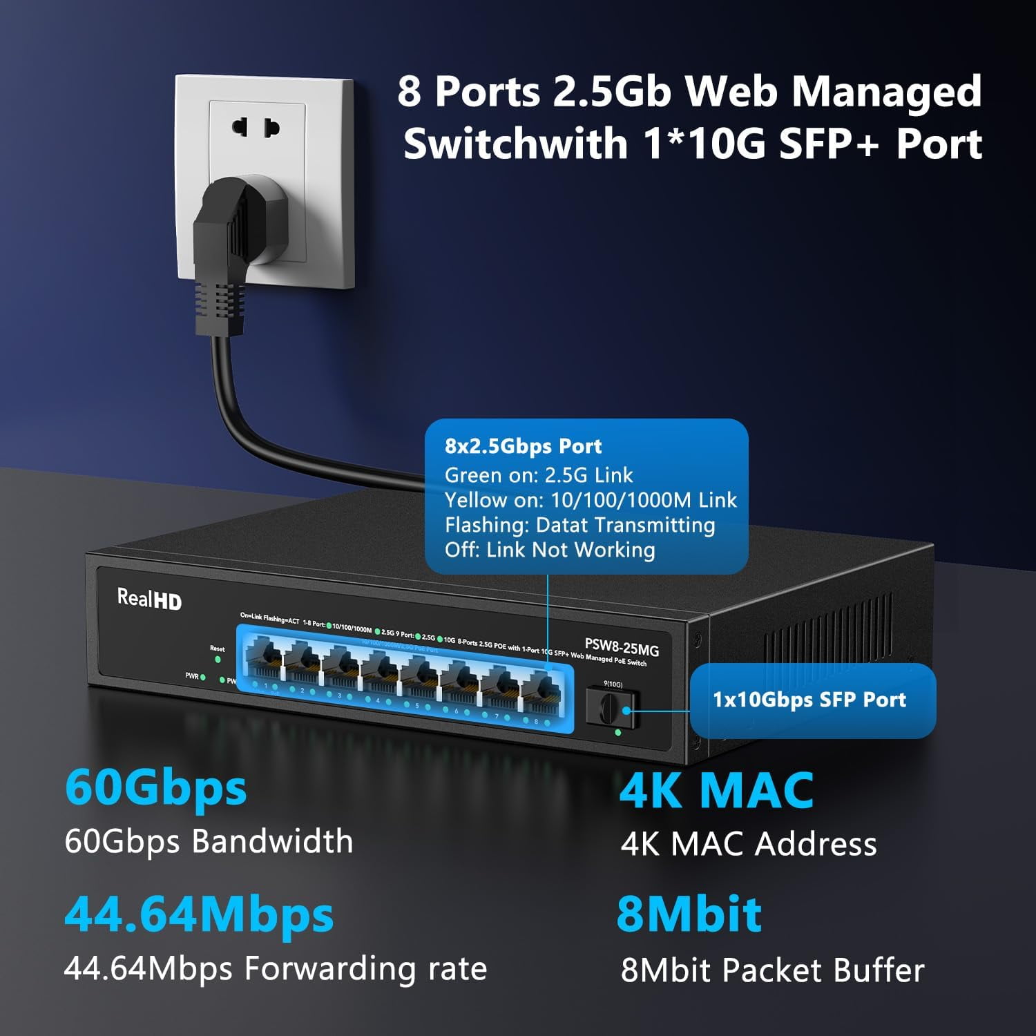 8 Port 2.5G Gigabit PoE Web Managed Switch with 10G SFP, IEEE8023af/at PoE 135W, Support WiFi6 AP, NAS, PoE Camera NVR