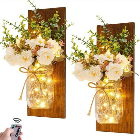 

Uikceten Retro Wood Mason Jar Wall Lamp Simulation Flower Peony Rose Send Remote Control