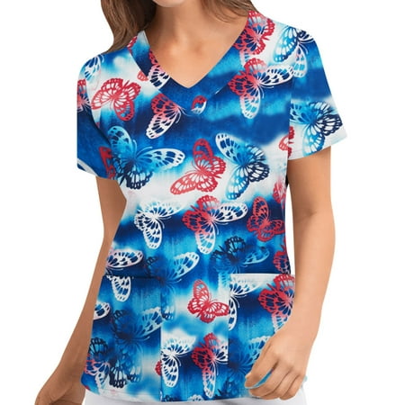 

FAFWYP Cartoon Scrubs for Women Womens Cute Print Scrubs Tops Summer Nurse Short Sleeve V Neck Workwear Working Uniform Blouse Medical Scrubs with Pockets