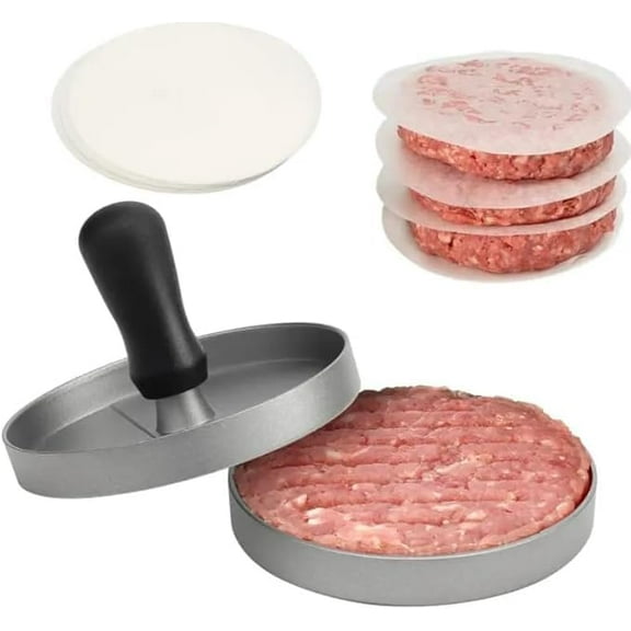 Burger Press with 100 Patty Papers | Non-Stick Hamburger Press Patty Maker Mold with Free Wax Patty Paper Sheets | Meat Beef Veggie Burger Maker for Grill Griddle BBQ Barbecue