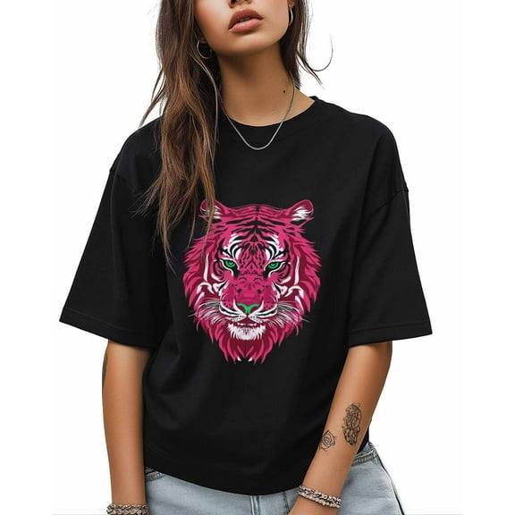 T Shirts for Women Short Sleeve Cotton Crewneck T-Shirt, Red Tiger Animals Tee Tops Casual Basic T-Shirts, XS-5XL Black XS