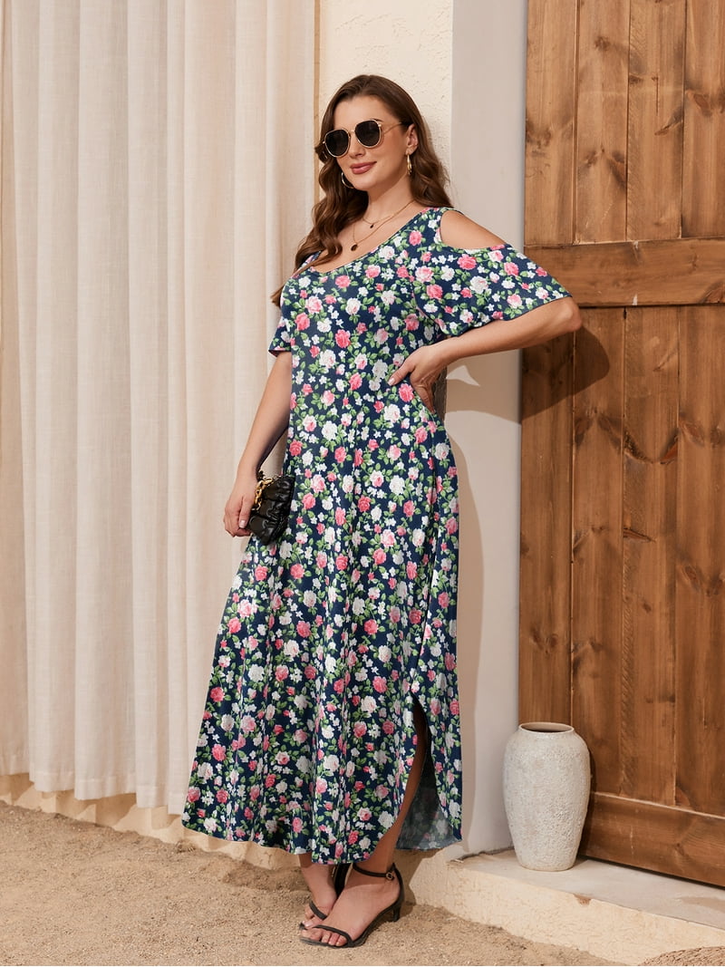 VEPKUL Womens 2025 Plus Size Cold Shoulder Dress Casual Loose Sundress  Summer Beach Maxi Dresses with Pockets