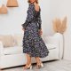 thumbnail image 4 of Vestido con estampado floral,Vestido largo para mujer, Vestido cuadrado de manga larga, Vestido con dobladillo con volantes, Rendimiento finamente ajustado, 4 of 6