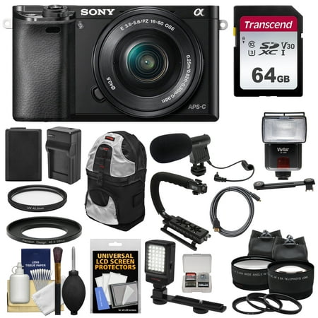 Sony Alpha A6000 Wi-Fi Digital Camera + 16-50mm Lens (Black) with 64GB Card + Backpack + Battery + Charger + Flash/Video Light + Mic + 2 Lens