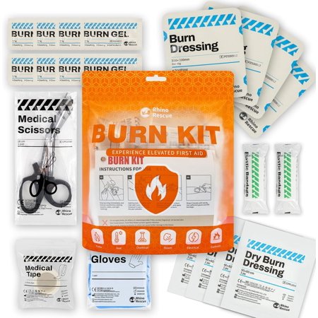 RHINO RESCUE Burn Kit, 4pcs Burn Dressings 4x4”, 8pcs Burn Gel Packets 3.5g, 4pcs Burn Pads, First Aid Kit Cooling Soothing Cream Relief with Bandage, Nitrile Gloves, Scissors, Tape, HSA/FSA Eligible