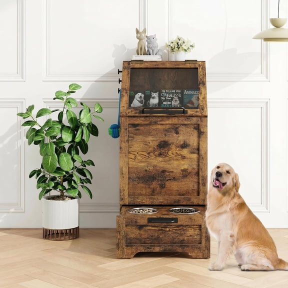 Dog Feeding Station with Storage, Flip Top Dog Food Storage Cabinet with 2 Elevated Bowls, All in One Feeding Station with Drawer, Pet Food Container for Living Room, Brown