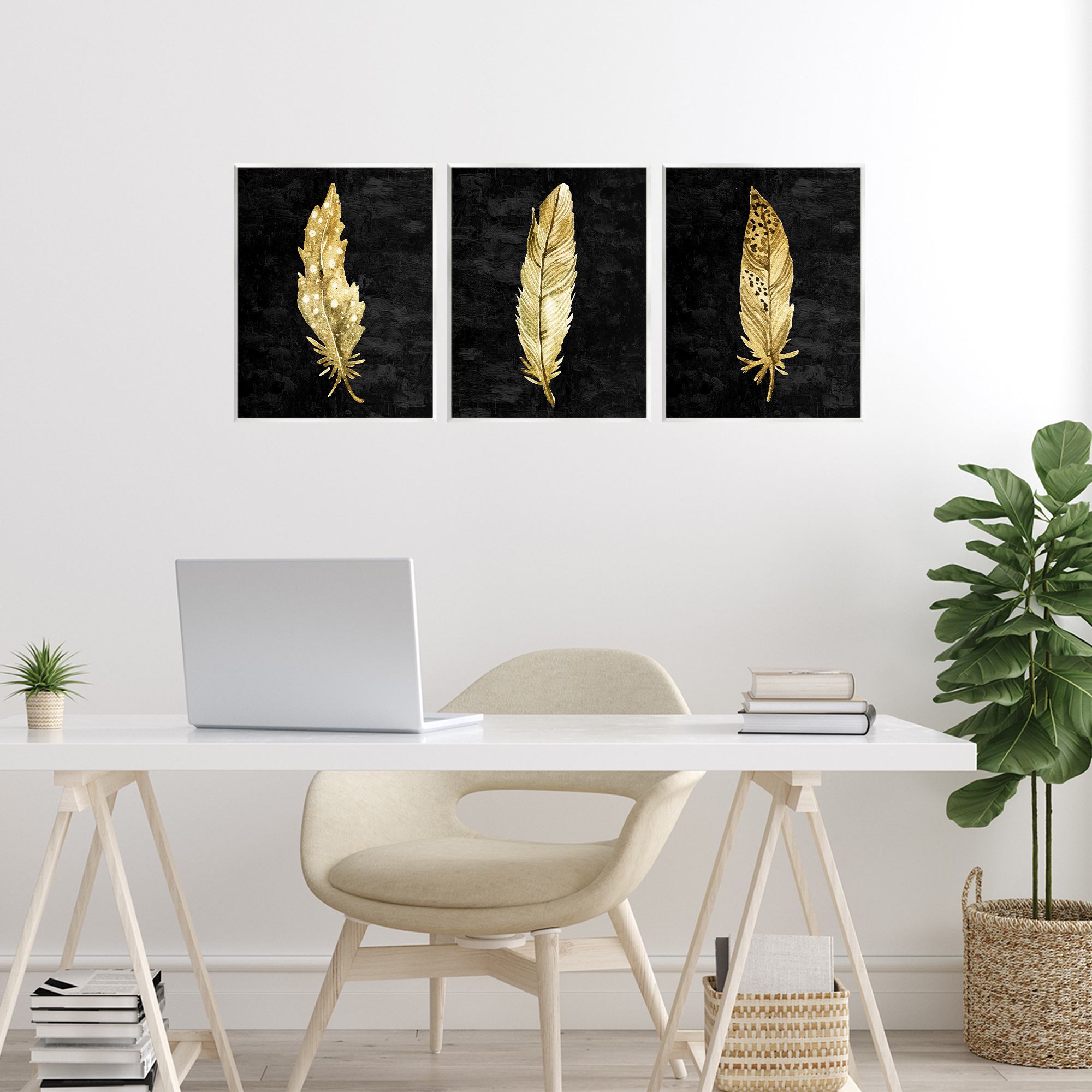 Black & Gold Feathers 3 Piece Wall Plaque Art Set, design by Kim Allen