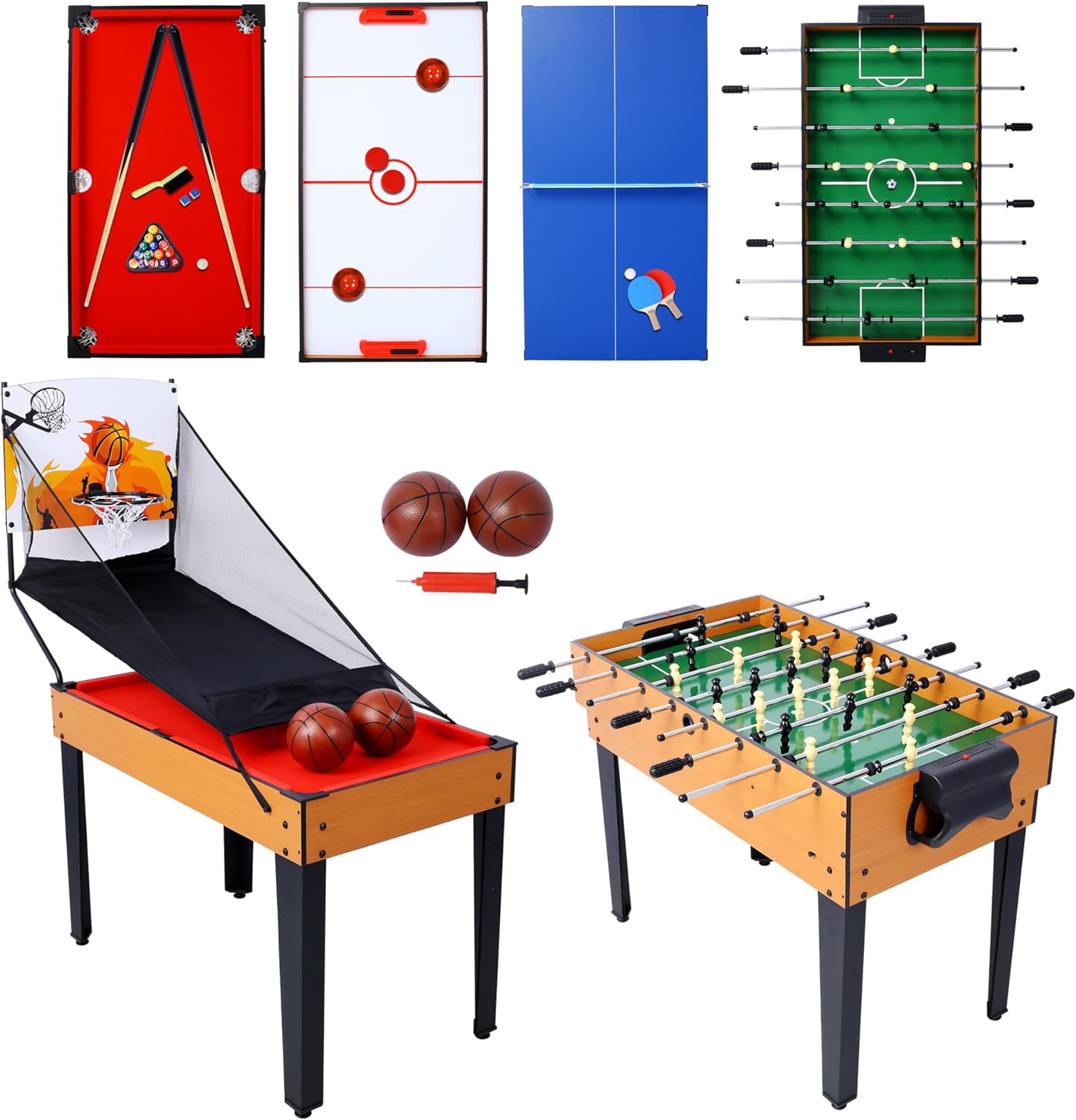 43“ Upgrade 5-in-1 Multi-Game Table - Billiards, Push Hockey, Foosball, Ping Pong, and Basketball brown /red