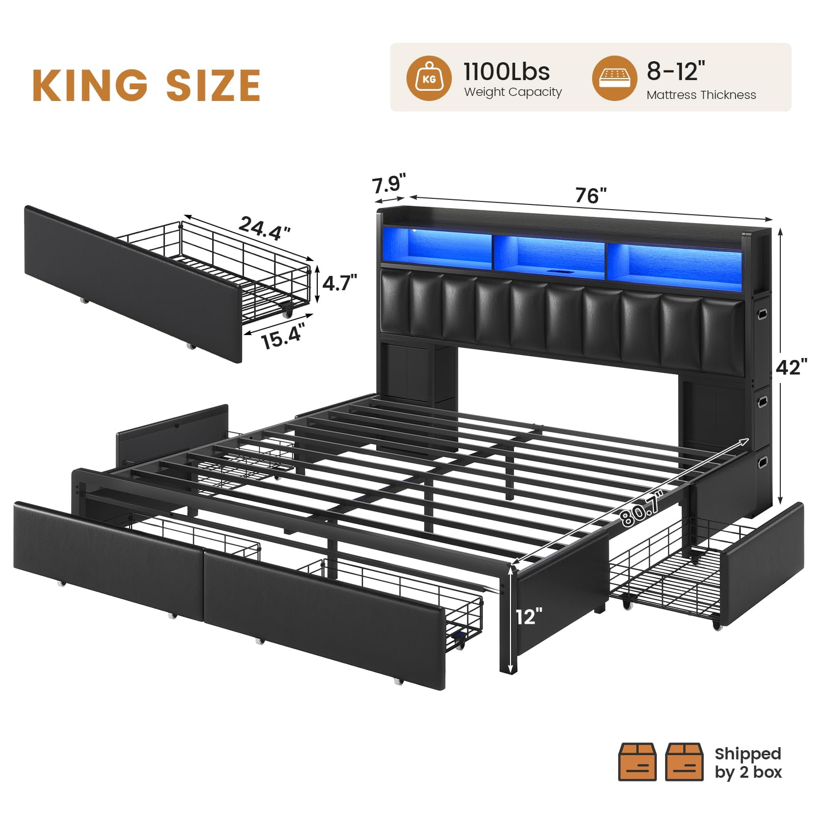 Toogaho King Size Bed Frame with 9 Drawers,Storage Bookcase Headboard, Upholstered Platform Bed King with LED Light and Charging Station,Metal Slats, No Box Spring Needed,Black PU