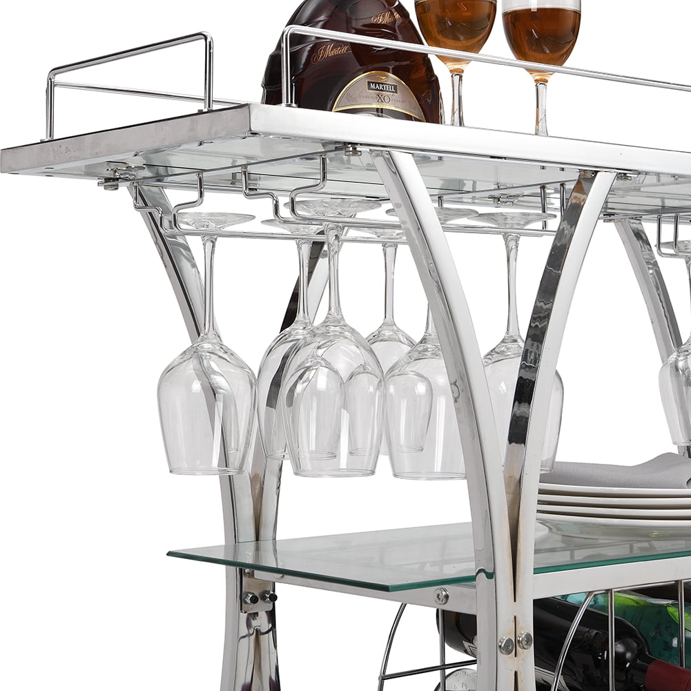 Kepooman Contemporary Bar Carts, Industrial Bar Cart with Wine Rack Silver Modern Glass Metal Frame Wine Storage, Silver Kepooman Contemporary Bar Carts, Industrial Bar Cart with Wine Rack Silver Modern Glass Metal Frame Wine Storage, Silver