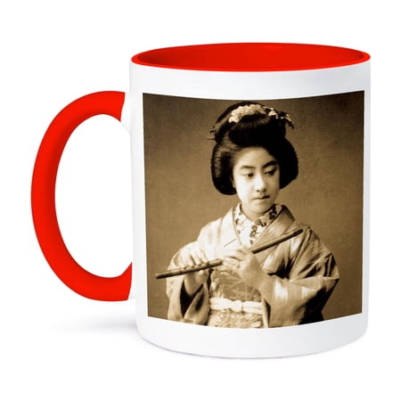 3dRose, Vintage Japanese Geisha Playing Flute Sepia Tone Old Japan Musician, 11oz Two-Tone Red Mug