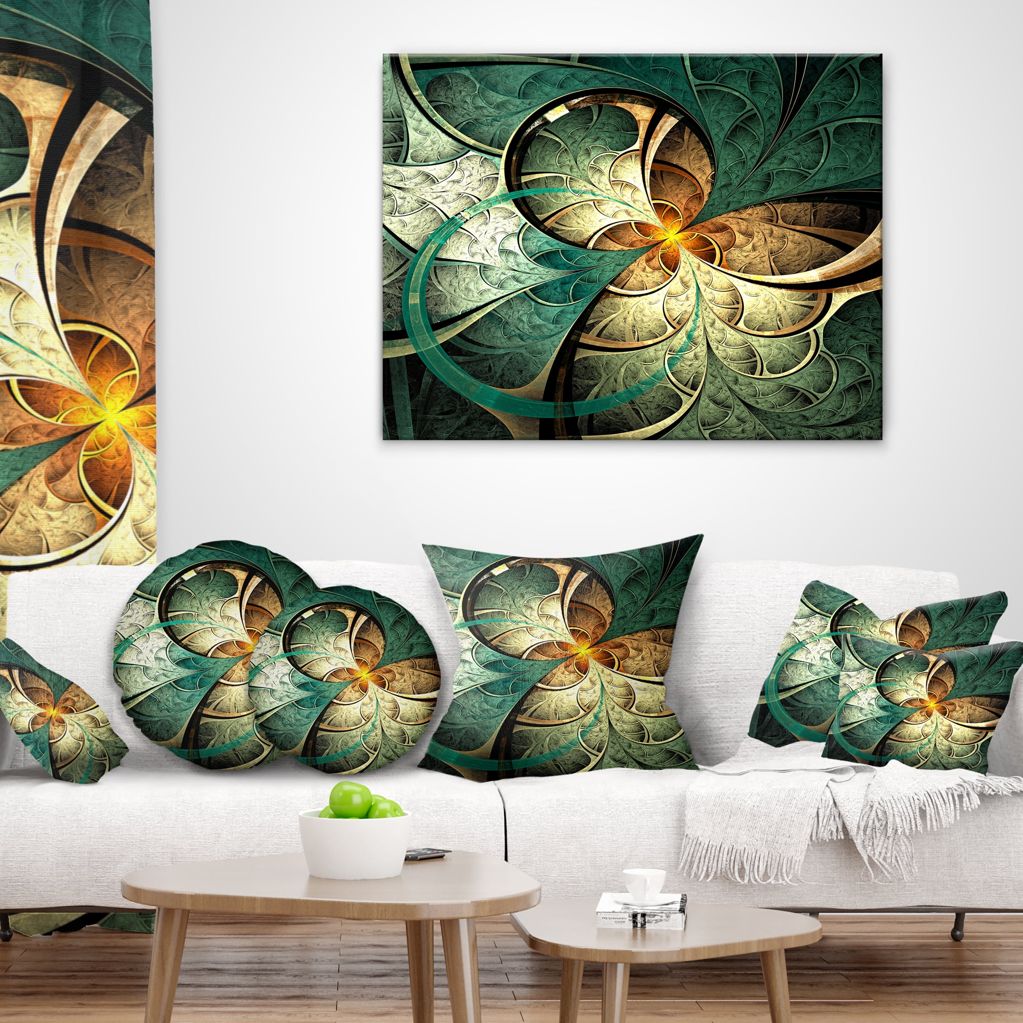 Designart Dark Yellow Green Fractal Flower - Abstract Throw Pillow - 12x20