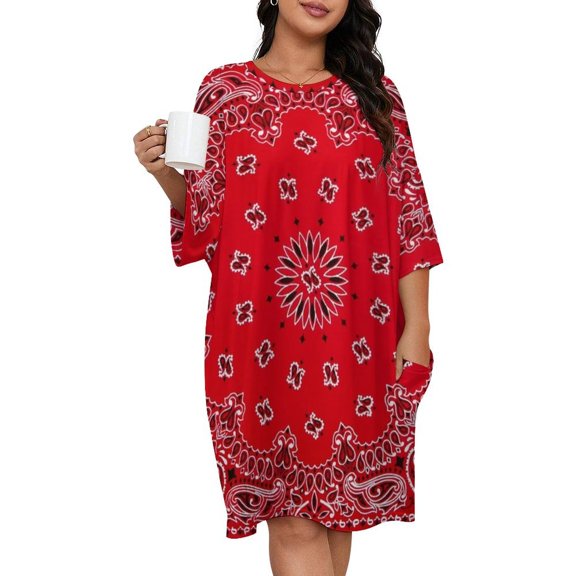 Bandana - Red Art Sleepshirts For Sleeping Travels Loose Sleepdress Pajama Dress Soft Nightdress Sleepwear