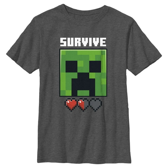 Boy's Minecraft Creeper Survive Hearts  Graphic Tee Charcoal Heather Large