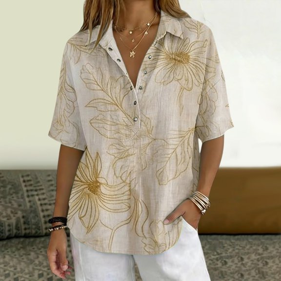 Endives Women's Linen Shirt Short Sleeve Shirt Collared Blouse for Women Casual Button Down Shirt Beach Vacation Outfits Hawaiian Shirt for Women Beige M
