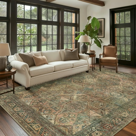 KUETH 8 x10  Area Rugs for Living Room  Non Slip Machine Washable Vintage Indoor Rug  Low Pile Chenille Print Rug for Bedroom Dining Room Home Office