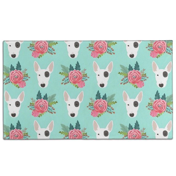 Bull Terrier Dog and Flower Florals Door Rugs,Washable Non Slip Door Mats Indoor,Decorative Door Mats,Entry Mat Indoor for Entrance,Bedroom,Kitchen,Bathroom,17"x30"