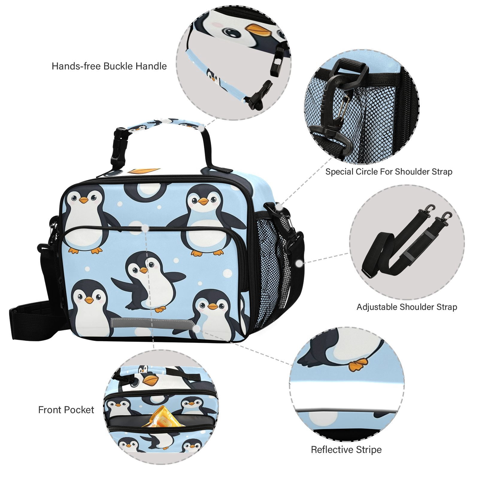 Penguins in Blue Lunch Bag Cooler Bag Cooling Tote Portable Shoulder Strap Interior Pockets for Picnic Travel