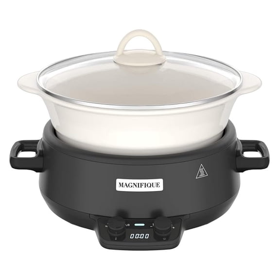 Slow Cooker 5 Quart, MAGNIFIQUE Programmable Crock Pot, Ceramic Liner, Auto Warm, Kitchen Appliance for Family Meals - Black