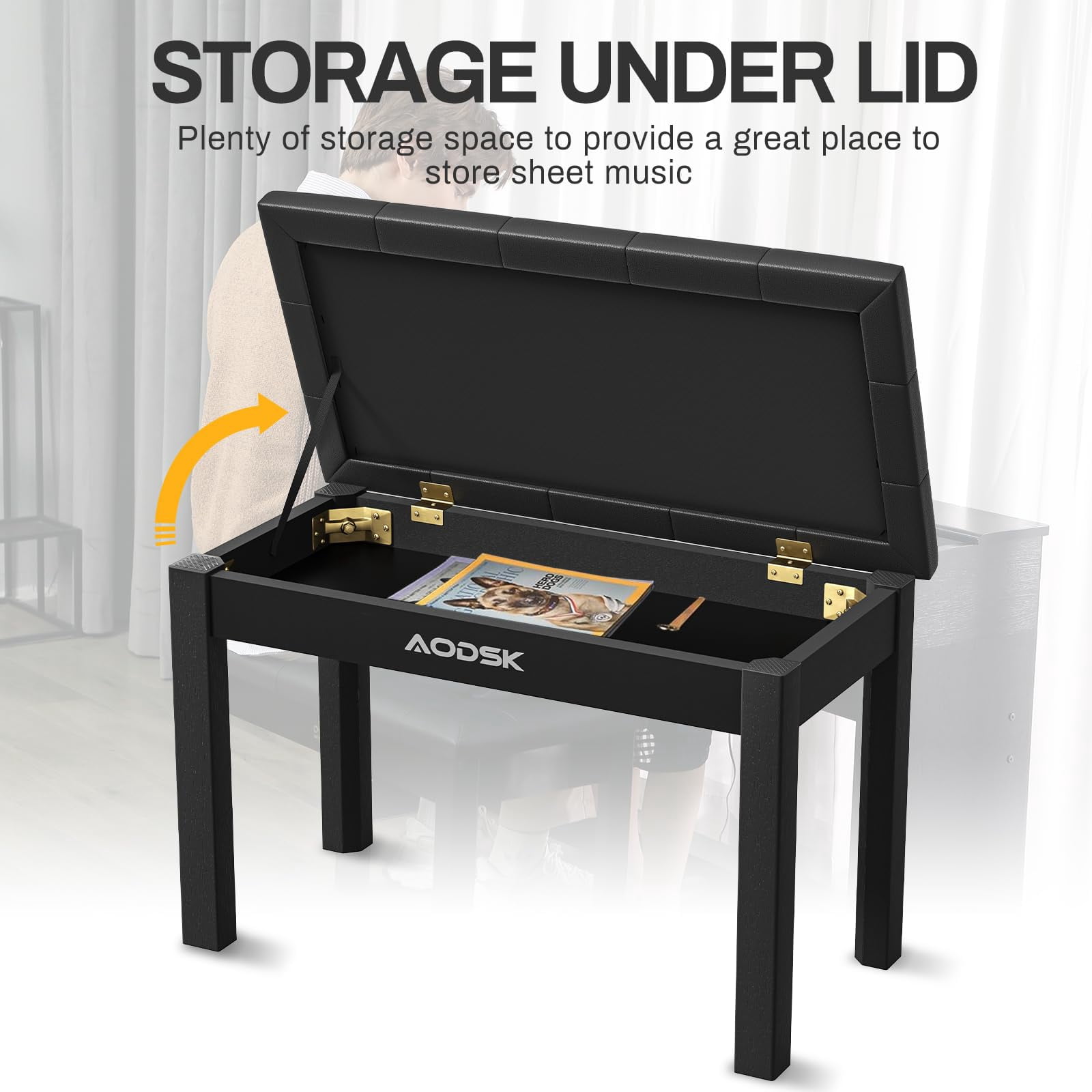 AODSK Duet Piano Bench with Storage, Padded Cushion for Piano Keyboard Seat, Soild Wood Leg Bench Stool Chair -Black