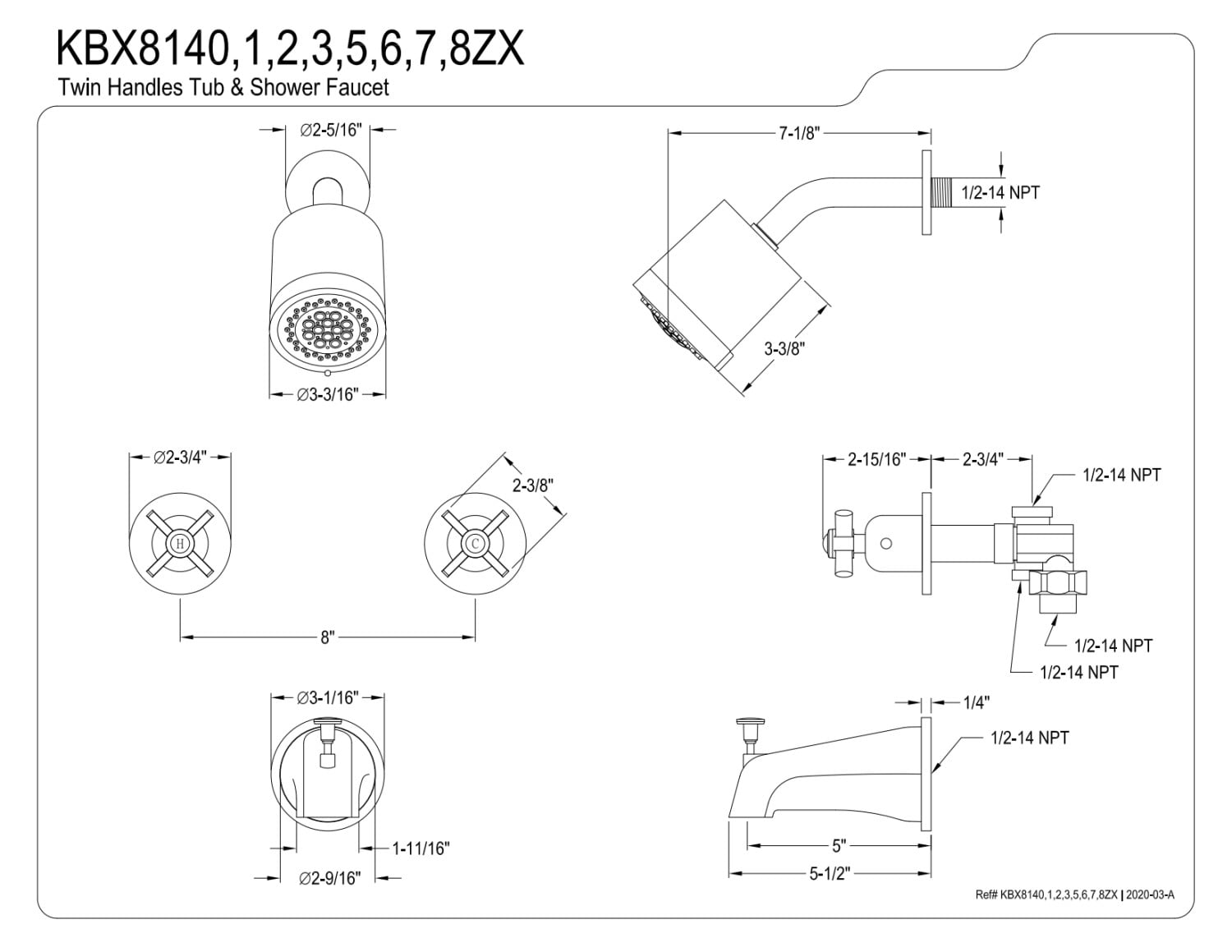 Kingston Brass KBX8148ZX Millennium Two-Handle Tub and Shower Faucet, Brushed Nickel