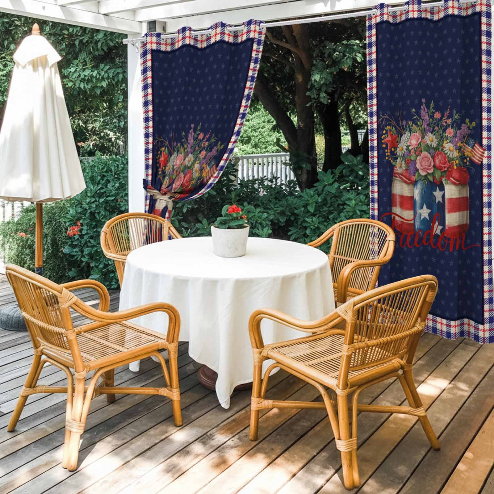 Independence Day Flower Outdoor Curtains for Patio, U.S. Flag Freedom Floral Red Blue Plaid Sunshade Privacy Drapes Grommet Waterproof Outside Curtains for Porch/Cabana/Balcony 54"x 108", 1 Panel