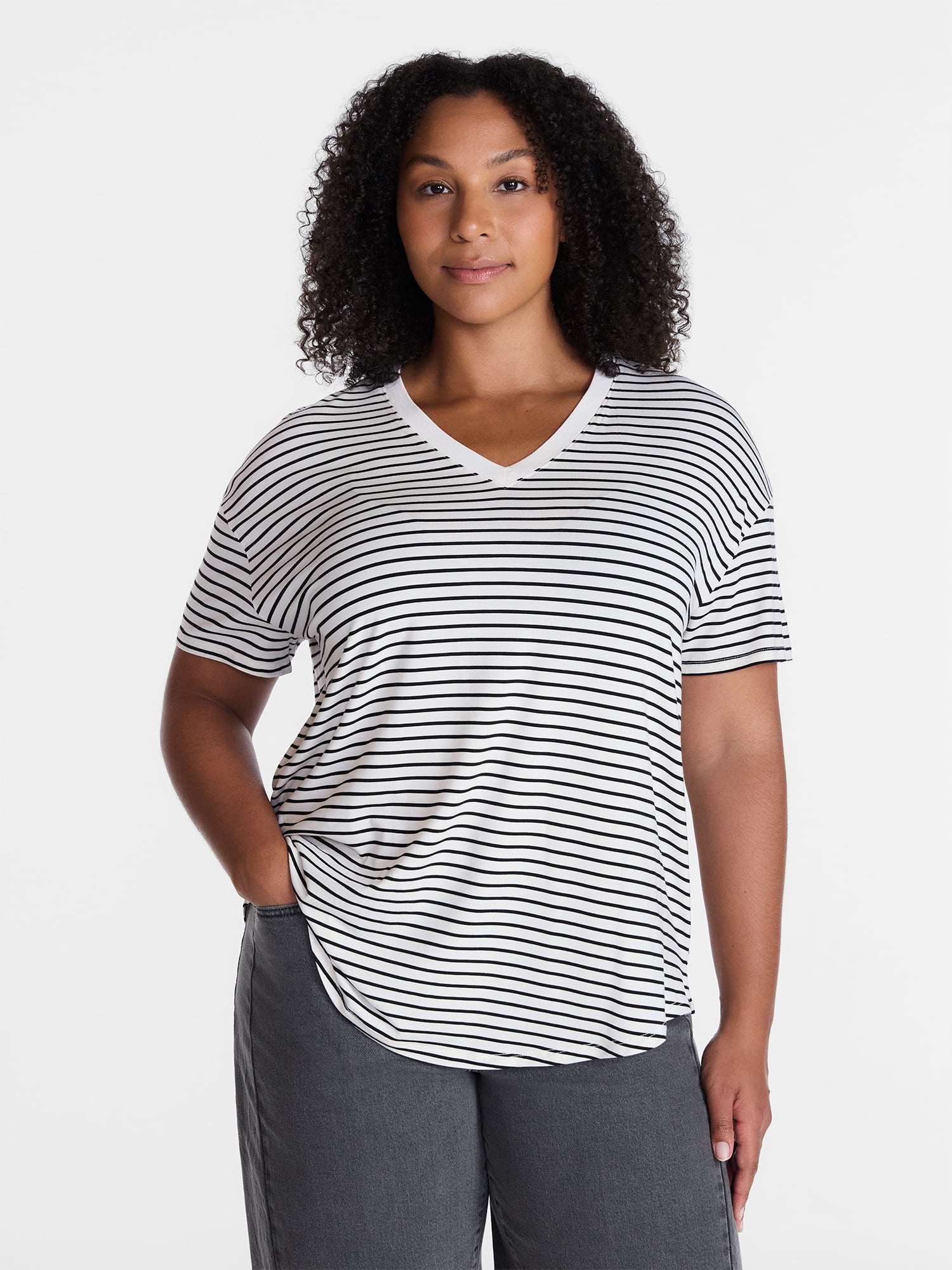 Time and Tru Women's V-Neck Tunic Tee with Short Sleeves, Sizes XS-XXXL