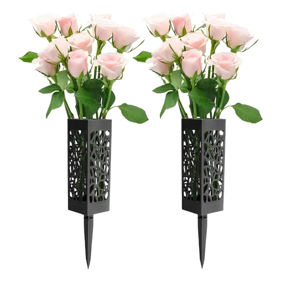XIBUFE 2026 New Grave Vase,12'' Size Cemetery Vase Flower Holder,Black Plastic Memorial Vase with Long Spike Stake&Draining Holes for Headstones Grave Flower Marker