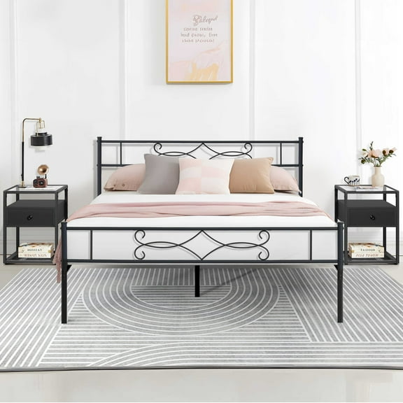 VECELO 3-piece Bedroom Set, Queen Bed Frame with Headboard, Nightstand Set of 2 with 1-Drawer, Open Storage Shelf, Black