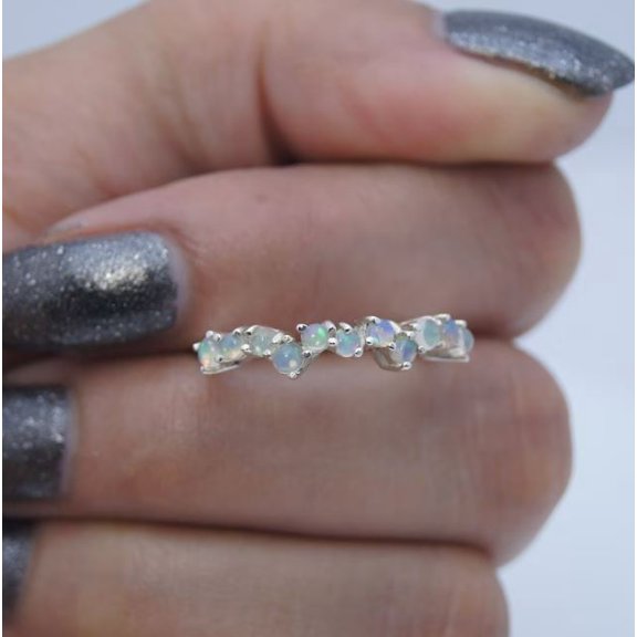 Natural Opal Band Wedding Dainty Matching Stackaing Ring 925 Sterling Silver Gemstone Jewelry For Women Gift