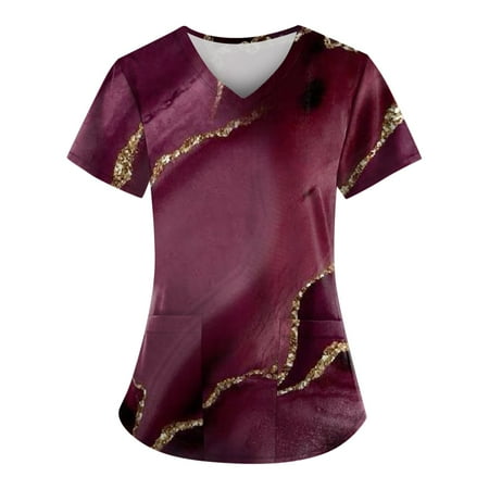

Sksloeg Scrubs for Women Breathable Marble Patterned Workwear Short Sleeve V-Neck Shirts Tee Tops with Pockets Wine XXXXXL