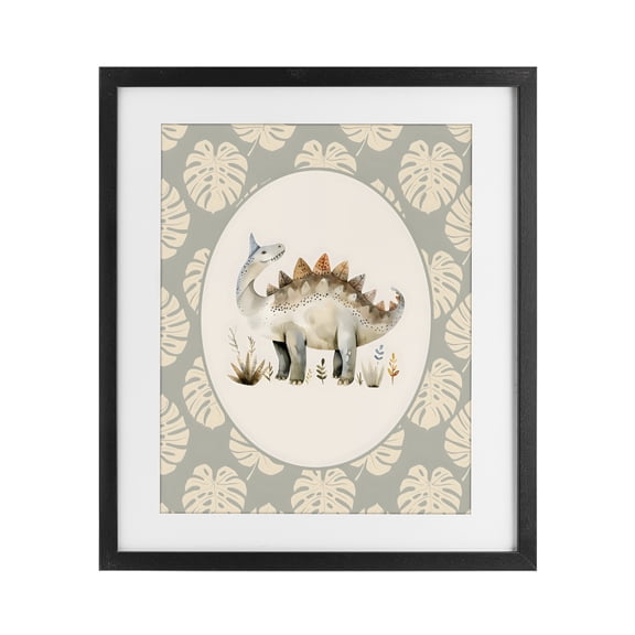 Stupell Industries Eclectic Watercolor Dinosaur Monstera Border Black Framed Print Under Glass, 13 x 16, by LSR Design Studio
