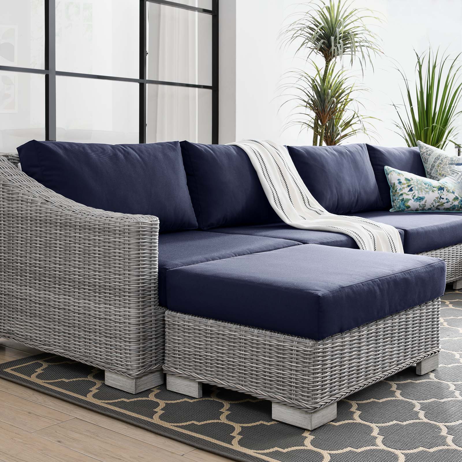 Lounge Sectional Sofa Chair Set, Rattan, Wicker, Light Grey Gray Blue Navy, Modern Contemporary Urban Design, Outdoor Patio Balcony Cafe Bistro Garden Furniture Hotel Hospitality - image 5 of 10