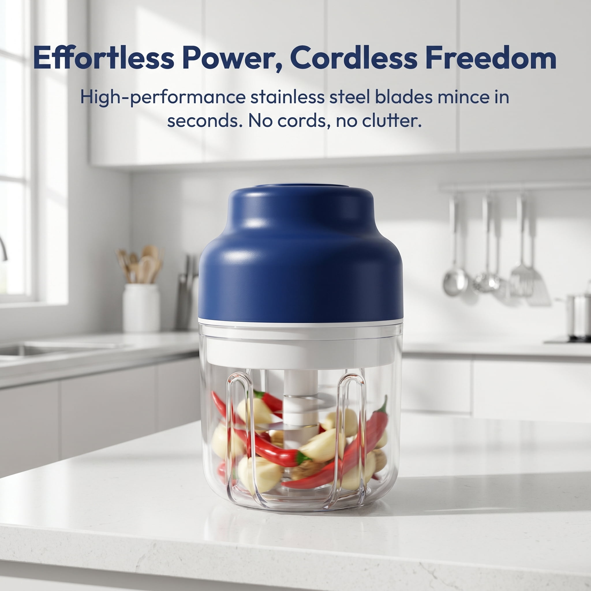 Cordless Mini Electric Garlic Chopper, 250ml Portable Food Processor & Meat Grinder, USB Rechargeable Vegetable Mincer with 3 Sharp Blades for Meal Prep, Baby Food & Seasoning, Alpine White