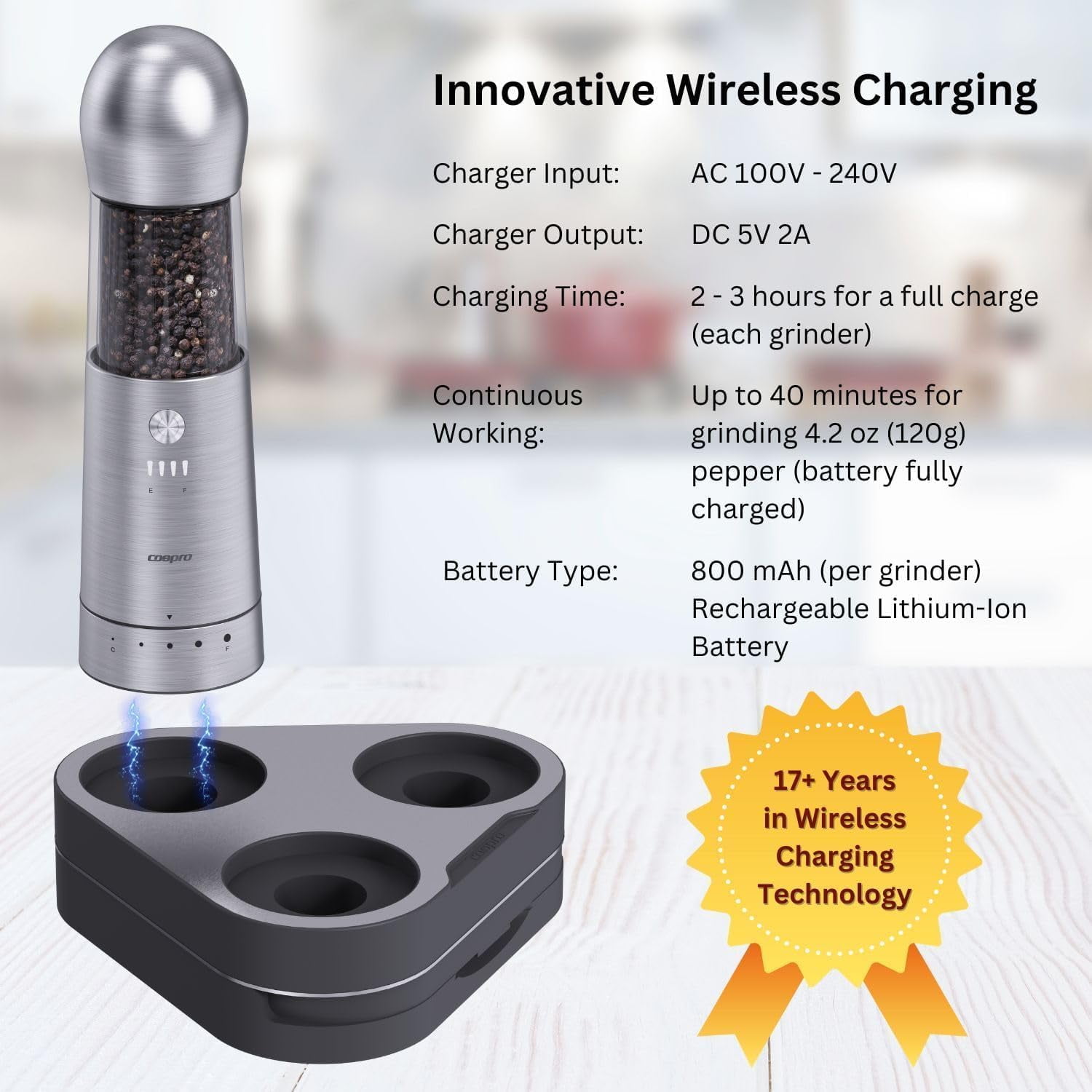 Electric Salt and Pepper Grinder, Set of 3 with Wireless Charging Base, Stainless Steel, Rechargeable Automatic Pepper Mill, Adjustable Coarseness, Easy to Use & Clean, Perfect Kitchen Gift