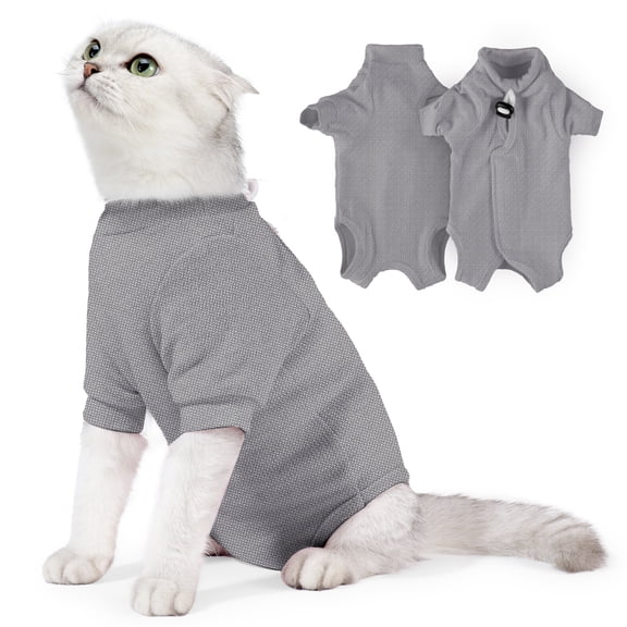 Amztom Cat Recovery Suit, Post-Surgery Cotton Onesie for Spay Neuter, Breathable Anti-Lick with Back Velcro, Gray, S