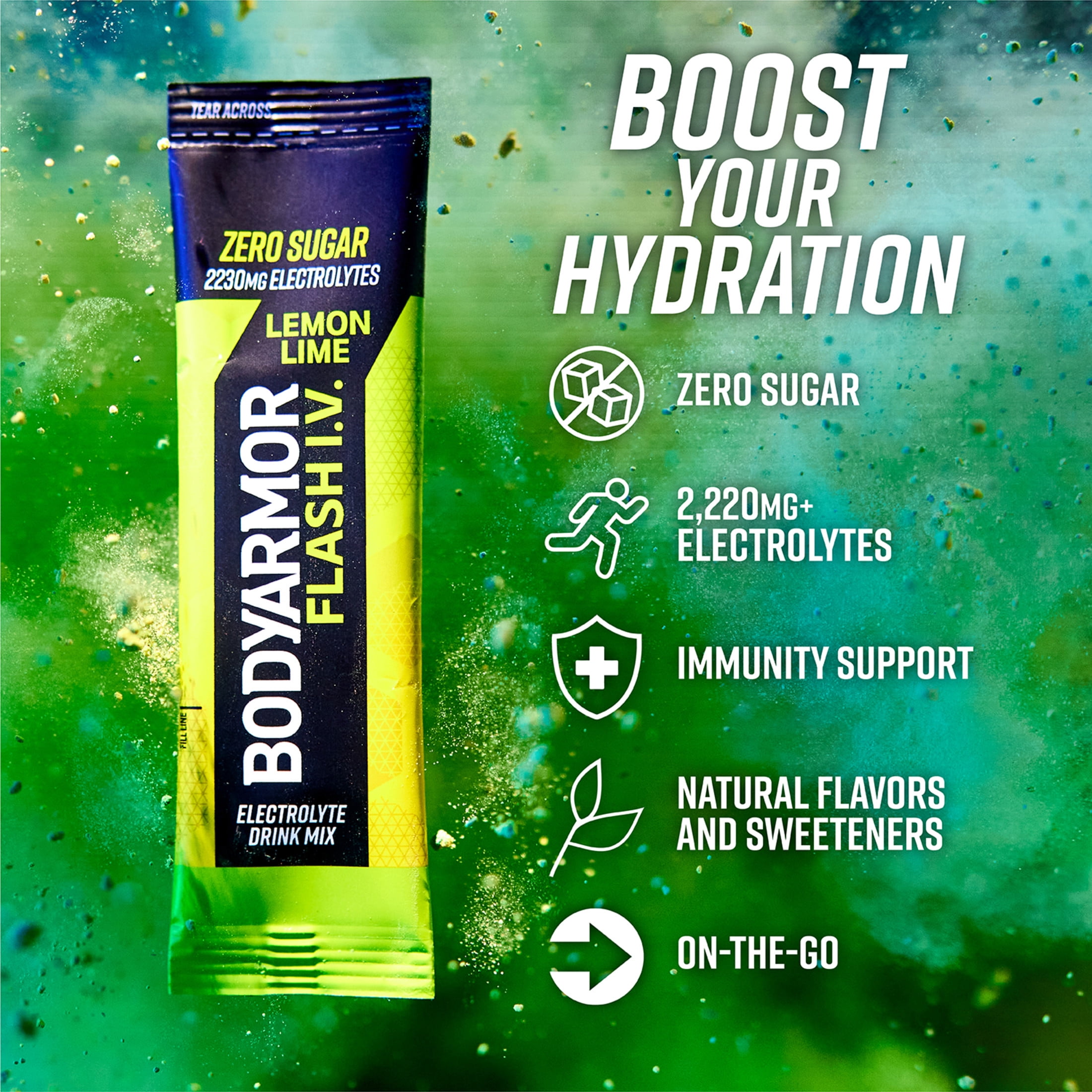 BODYARMOR Flash I.V. Lemon Lime Zero Sugar Electrolyte Powder Mix, 0.25 dry oz, 15 Pack