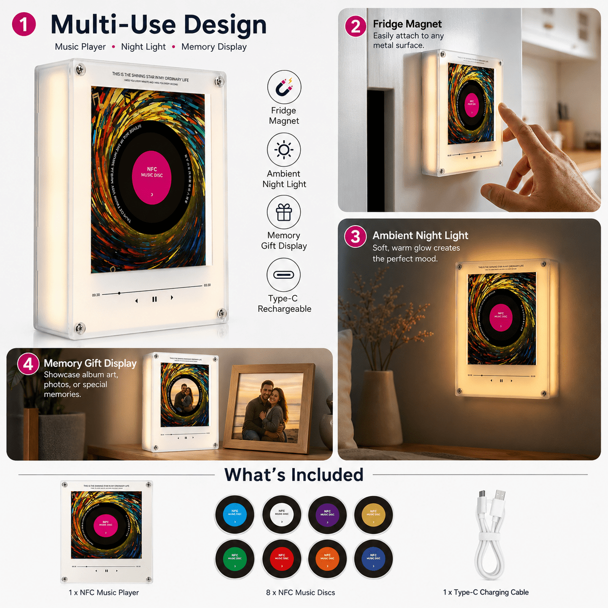 Magnetic Fridge Music Player, Refrigerator Magnet Record Player 9 PCS Custom Music Player NFC Enabled with LED Light, Unique Anniversary Birthday Gift