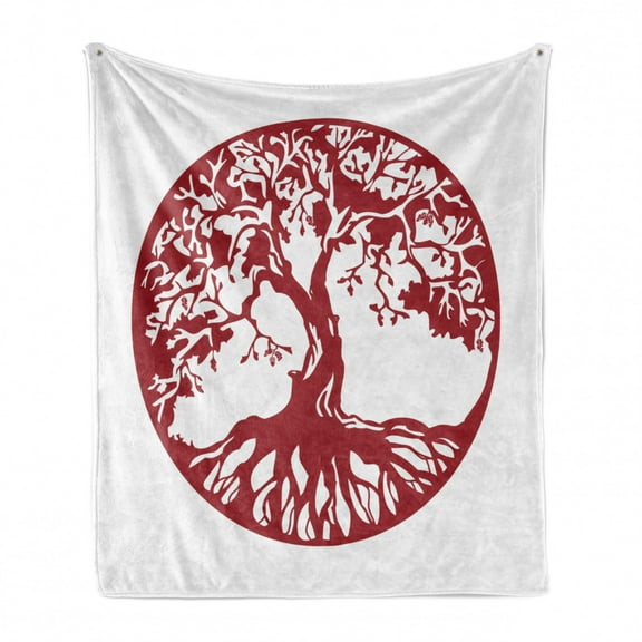 Tree Soft Flannel Fleece Blanket, Traditional Oak Silhouette Mythological Foliage Symbolizing Growth and Prosperity, Cozy Plush for Indoor and Outdoor Use, 70" x 90", Ruby and White, by Ambesonne