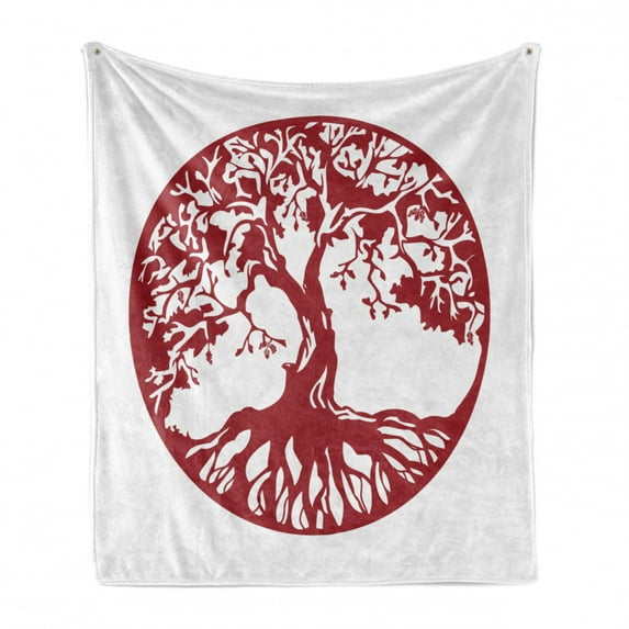 Tree Soft Flannel Fleece Blanket, Traditional Oak Silhouette Mythological Foliage Symbolizing Growth and Prosperity, Cozy Plush for Indoor and Outdoor Use, 50" x 70", Ruby and White, by Ambesonne