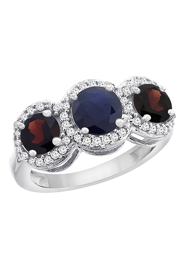 10K White Gold Natural High Quality Blue Sapphire & Garnet Sides Round 3-stone Ring Diamond Accents, size 5