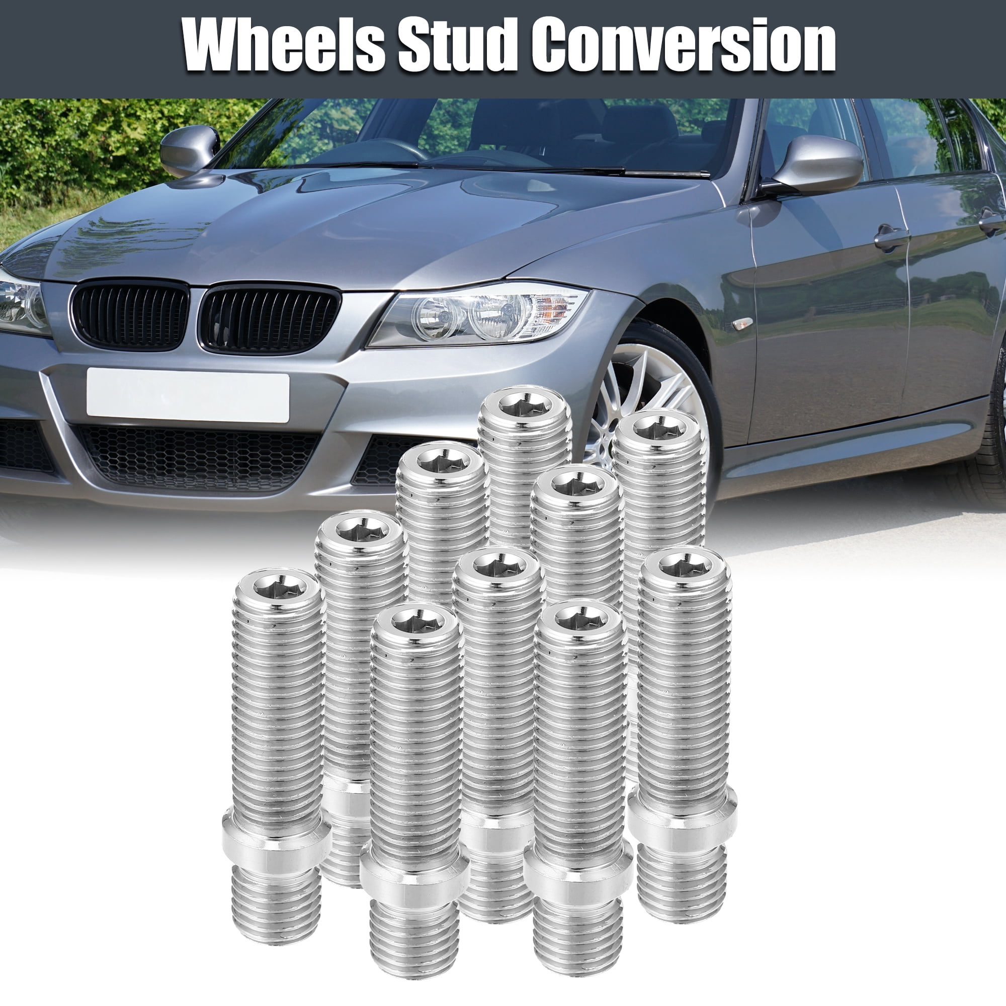 Unique Bargains M12x1.5 to M12x1.5 50mm Wheel Stud Fit for BMW - Pack of 10 Silver Tone
