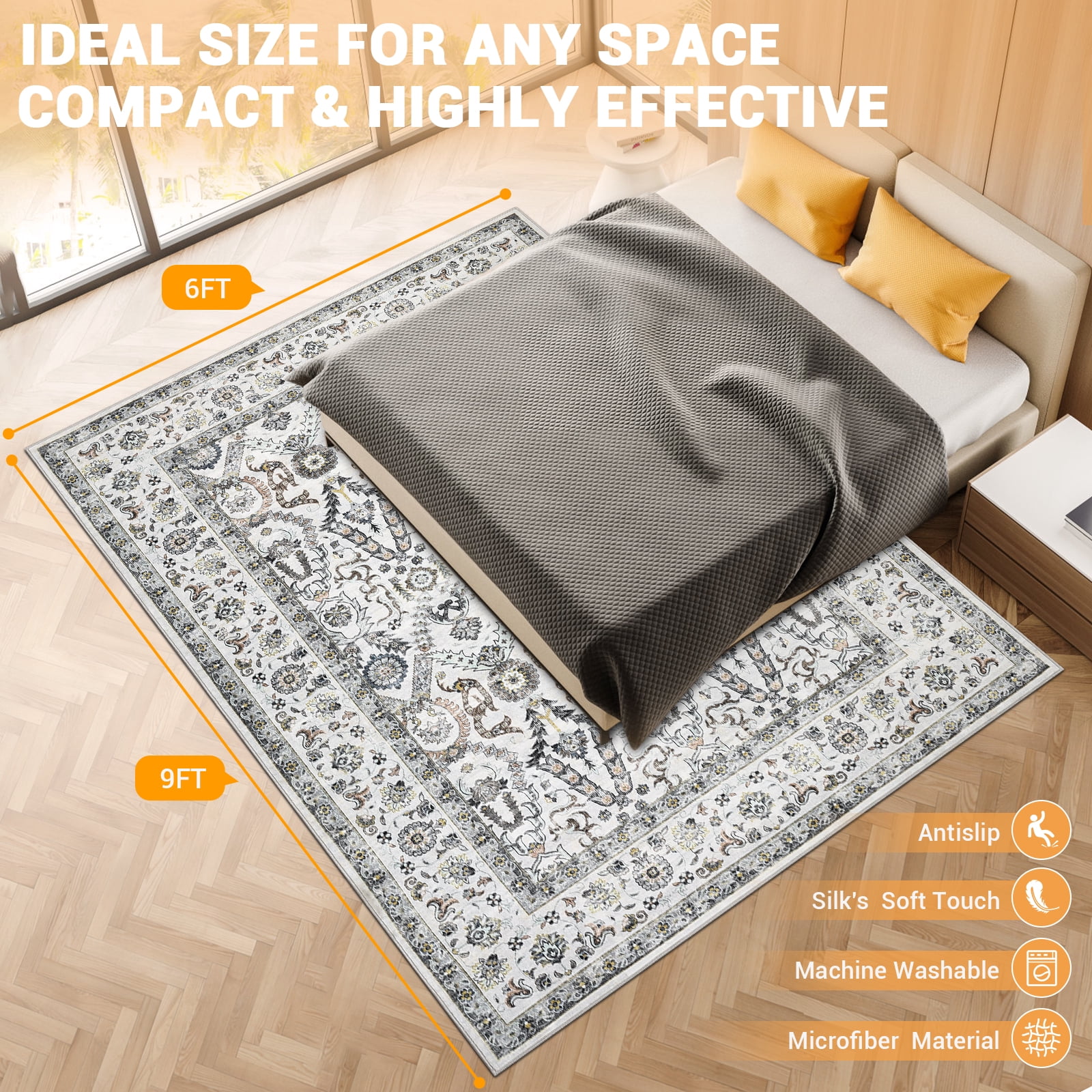 Garvee 6x9 Persian Vintage Area Rug, Washable Low Pile with Non-Slip Backing, Kid & Pet Friendly Carpet for Living Room, Bedroom, Light Gray