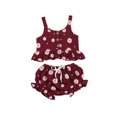 

ZIYIXIN Summer Lovely Infant Kids Girls Clothes 2pcs Sunflowers Print Sleeveless Single Breasted Vest Tops Shorts Sets Wine Red 2-3 Years