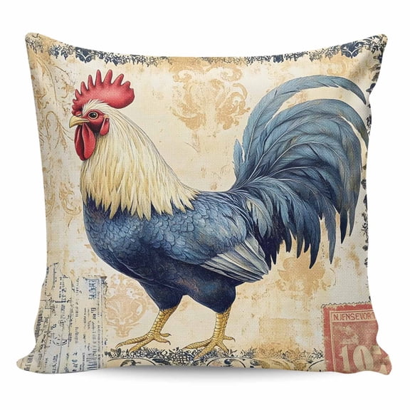 Throw Pillow Covers 24x24 Inch, Navy Blue Rooster Decorative Pillow Cases for Couch Sofa Bed, Vintage Watercolor Animals Cotton Linen Square Home Decor Pillowcases with Hidden Zipper