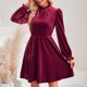 thumbnail image 3 of Vestido de manga con volantes para mujer color sólido cuello alto talle traje básico de vacaciones, 3 of 9