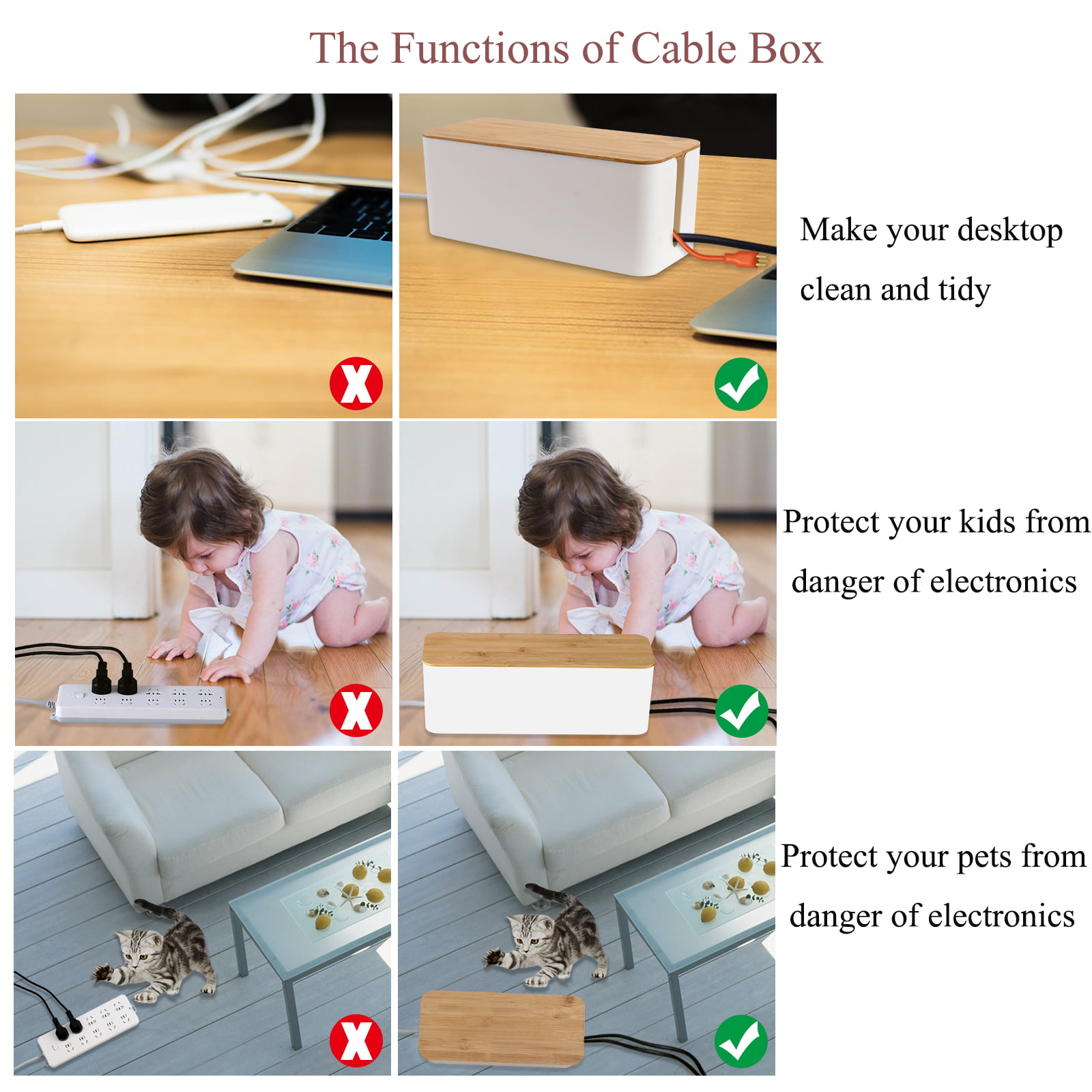 2 Pack Large Cable Management Box Wooden Style Cord Organizer Box and Cover for TV Wires Computer Safe ABS Material and Baby-Pets Proof Lock Router USB Hub and Under Desk Power Strip 